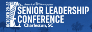 blue and white logo for Senior Leadership Conference by America's Newspaper. 